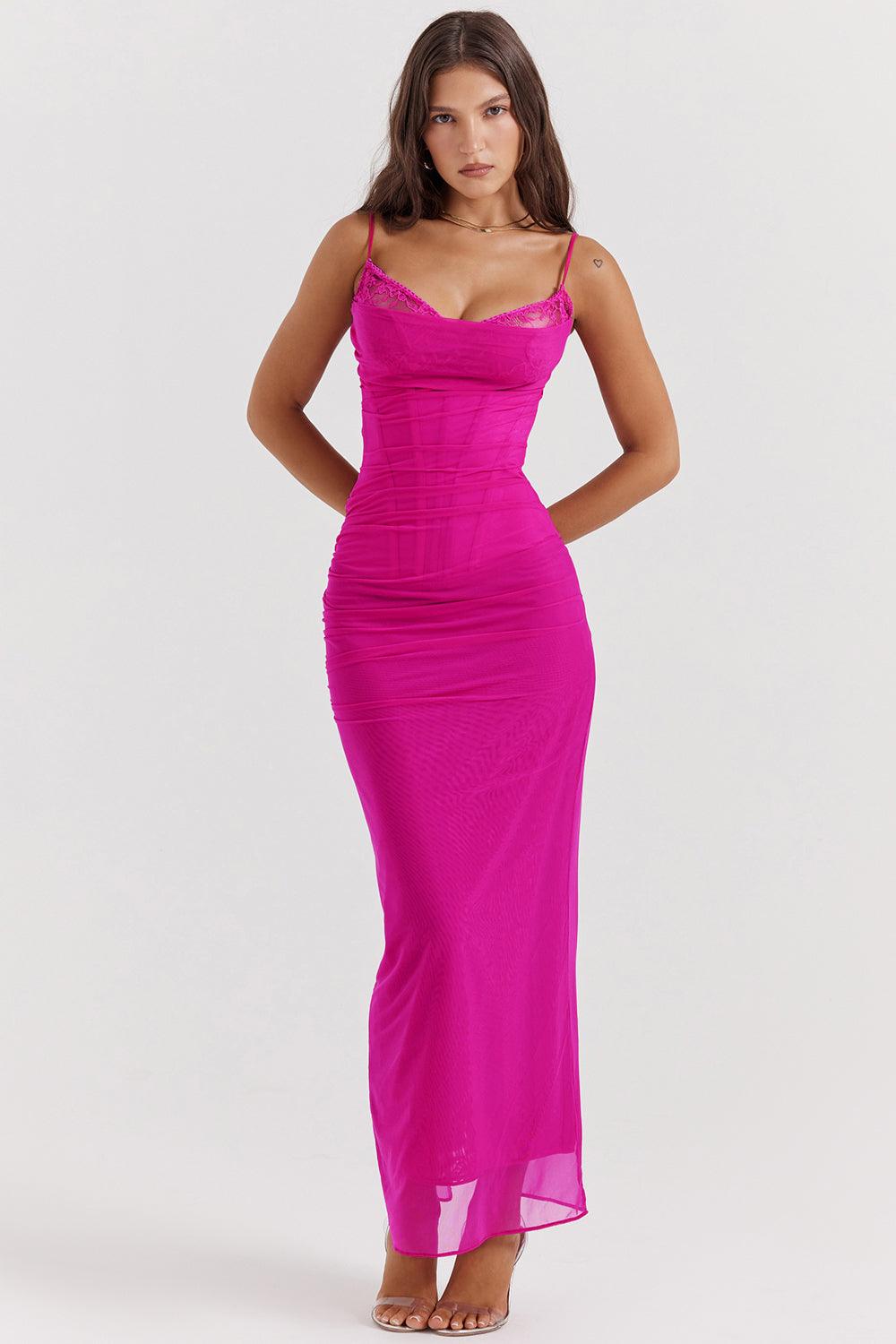 Damen Maxikleid mit Spaghettiträgern und Spitzenbesatz mit gerafftem Oberteil
