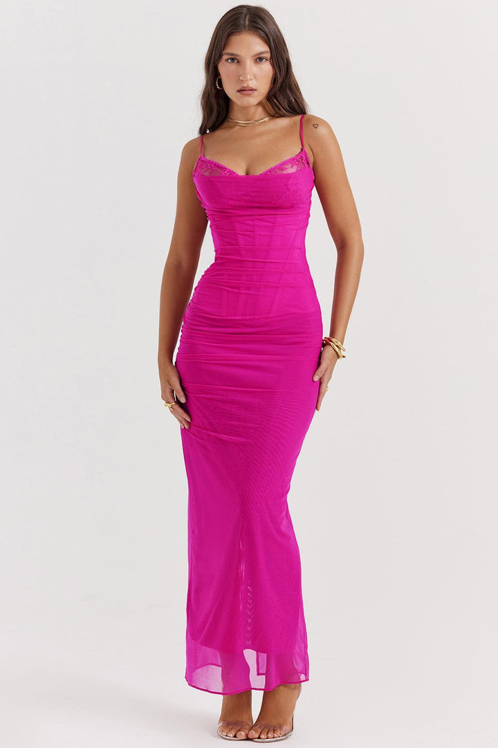 Damen Maxikleid mit Spaghettiträgern und Spitzenbesatz mit gerafftem Oberteil