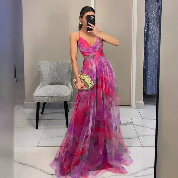 Damen Maxikleid mit Spaghettiträgern und tiefem V-Ausschnitt mit Blumenmuster und überkreuztem Oberteil