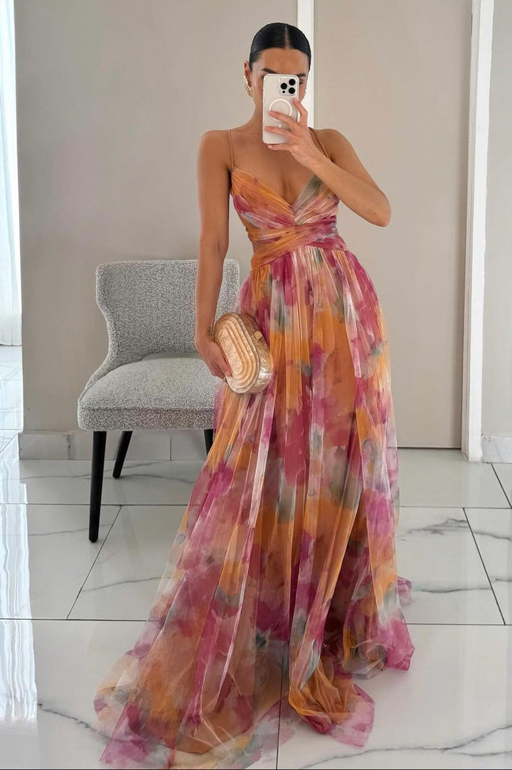 Damen Maxikleid mit Spaghettiträgern und tiefem V-Ausschnitt mit Blumenmuster und überkreuztem Oberteil