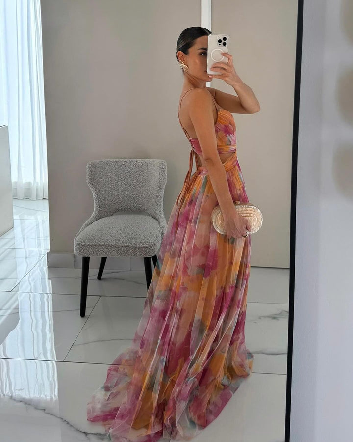 Damen Maxikleid mit Spaghettiträgern und tiefem V-Ausschnitt mit Blumenmuster und überkreuztem Oberteil