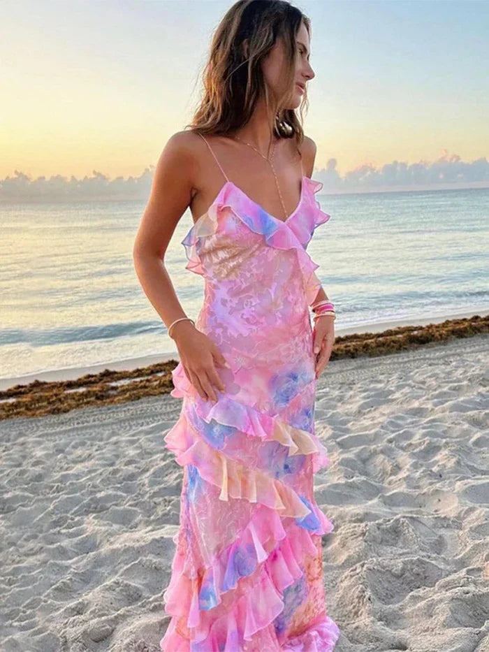 Damen Maxikleid mit Spaghettiträgern V-Ausschnitt Volants und offenem Rücken mit Blumenmuster