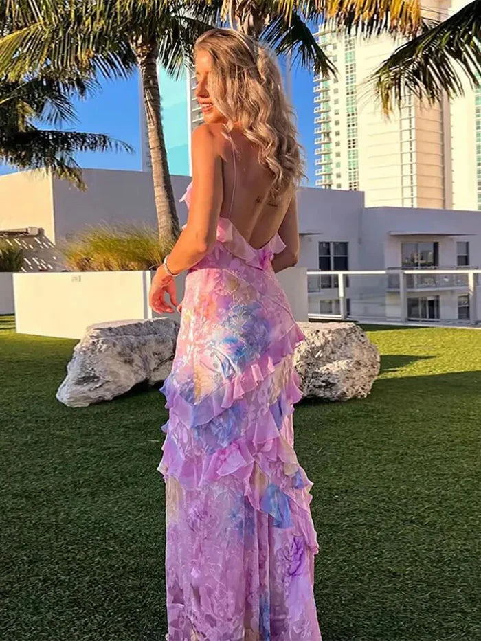 Damen Maxikleid mit Spaghettiträgern V-Ausschnitt Volants und offenem Rücken mit Blumenmuster