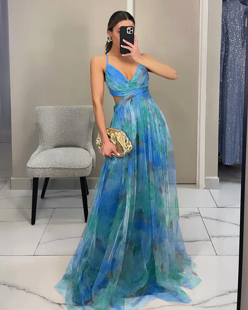 Damen Maxikleid mit Spaghettiträgern, Wickeloberteil und Taillenausschnitt-Maxi Dress-Alpenkind