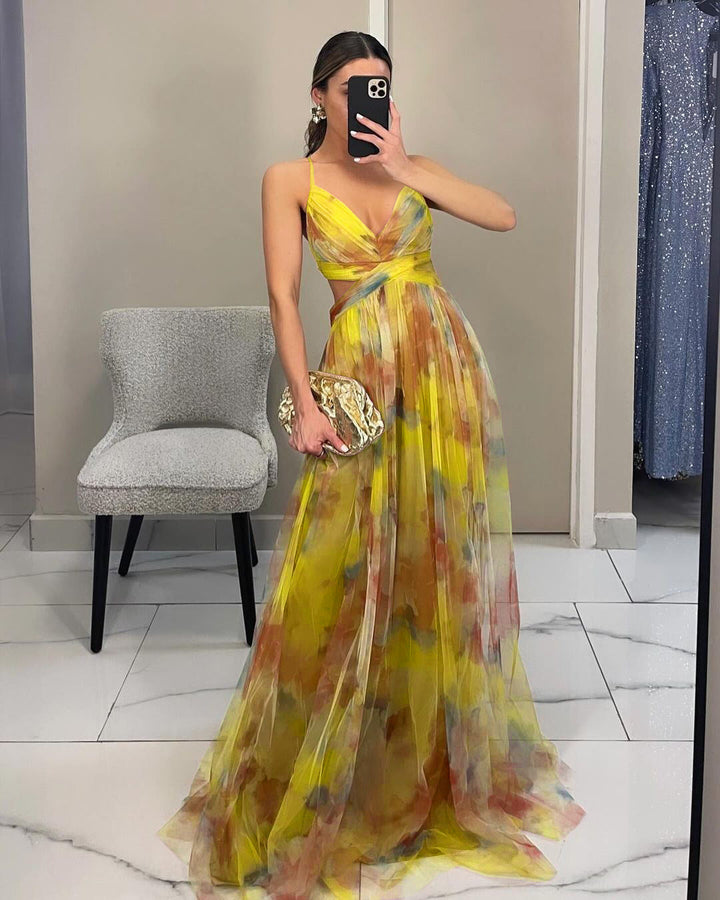 Damen Maxikleid mit Spaghettiträgern, Wickeloberteil und Taillenausschnitt-Maxi Dress-Alpenkind