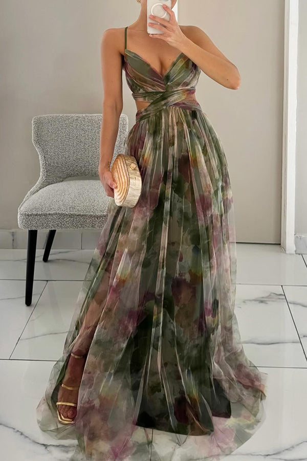Damen Maxikleid mit Spaghettiträgern, Wickeloberteil und Taillenausschnitt-Maxi Dress-Alpenkind