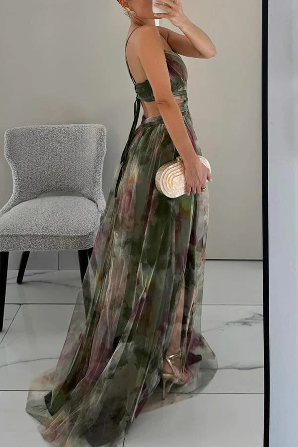 Damen Maxikleid mit Spaghettiträgern, Wickeloberteil und Taillenausschnitt-Maxi Dress-Alpenkind