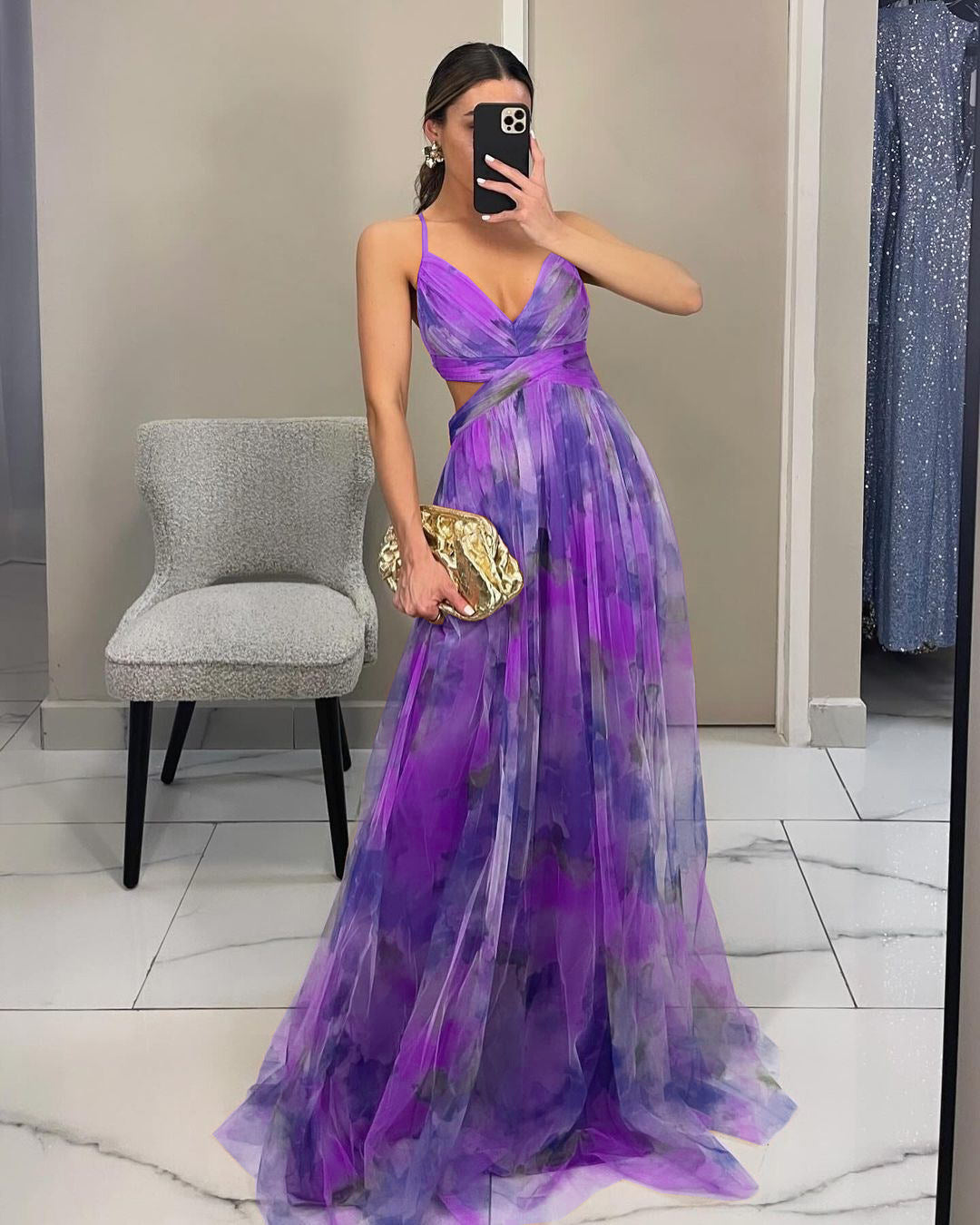 Damen Maxikleid mit Spaghettiträgern, Wickeloberteil und Taillenausschnitt-Maxi Dress-Alpenkind