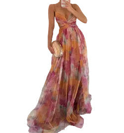 Damen Maxikleid mit Spaghettiträgern, Wickeloberteil und Taillenausschnitt-Maxi Dress-Alpenkind