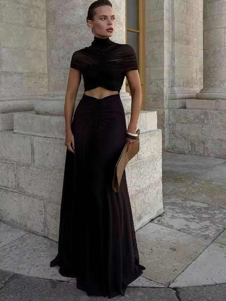 Damen Maxikleid mit Stehkragen und kurzen Ärmeln mit gerafftem Oberteil und Taillenausschnitt
