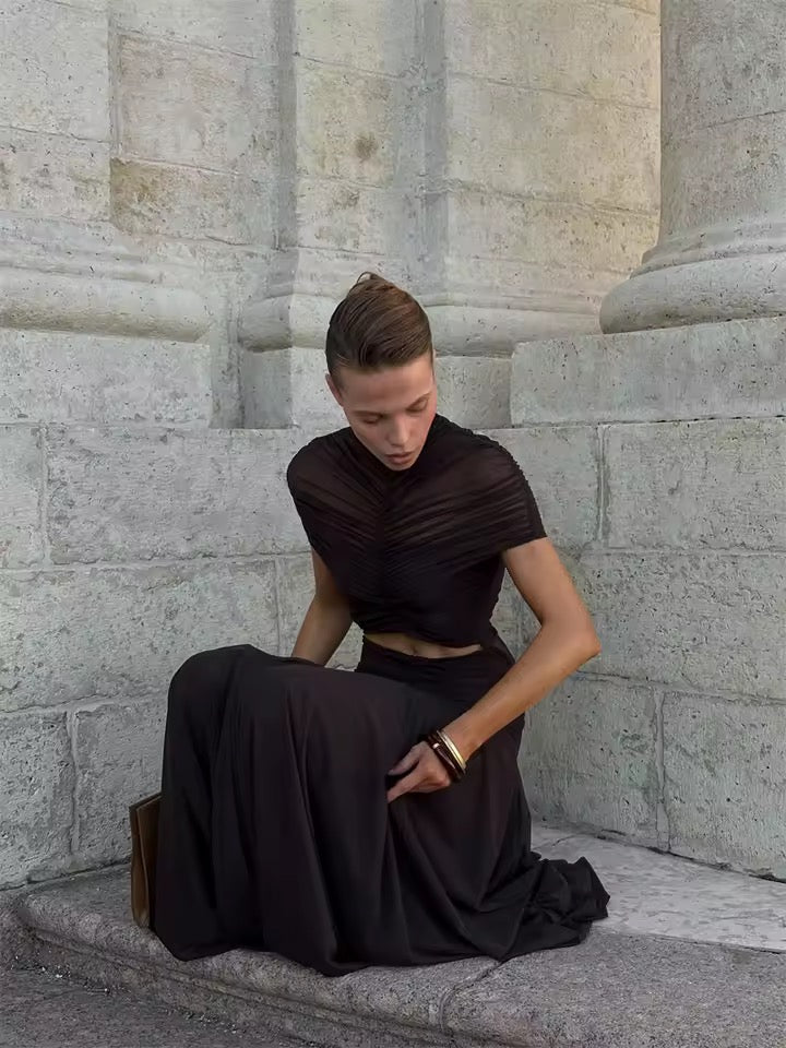 Damen Maxikleid mit Stehkragen und kurzen Ärmeln mit gerafftem Oberteil und Taillenausschnitt