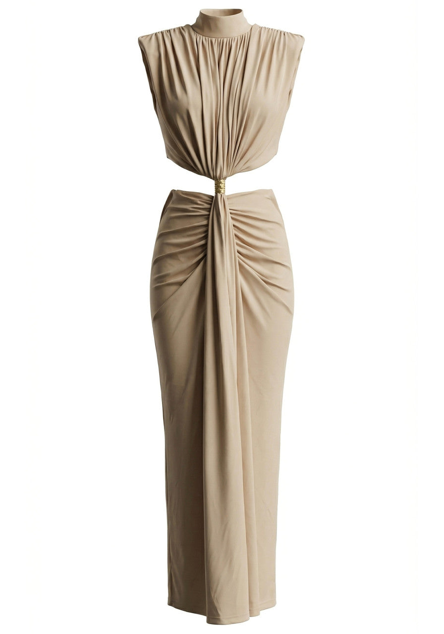 Damen Maxikleid mit Stehkragen und Schulterpolstern und seitlichen Öffnungen an der Taille