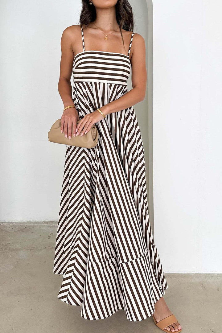 Damen Maxikleid mit Streifen gerader Ausschnitt und Spaghettiträgern mit Stufensaum