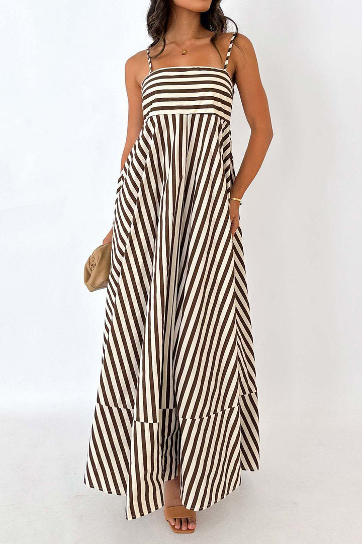 Damen Maxikleid mit Streifen gerader Ausschnitt und Spaghettiträgern mit Stufensaum