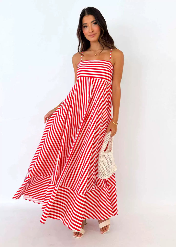 Damen Maxikleid mit Streifen gerader Ausschnitt und Spaghettiträgern mit Stufensaum