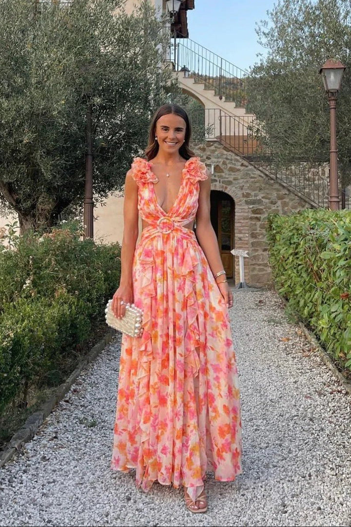 Damen Maxikleid mit tiefem V-Ausschnitt und Rüschenärmeln mit seitlichen Ausschnitten und Blumenmuster