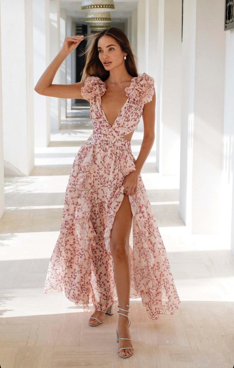 Damen Maxikleid mit tiefem V-Ausschnitt und Rüschenärmeln mit seitlichen Ausschnitten und Blumenmuster