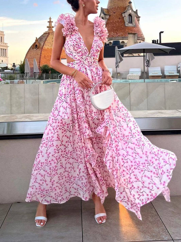 Damen Maxikleid mit tiefem V-Ausschnitt und Rüschenärmeln mit seitlichen Ausschnitten und Blumenmuster