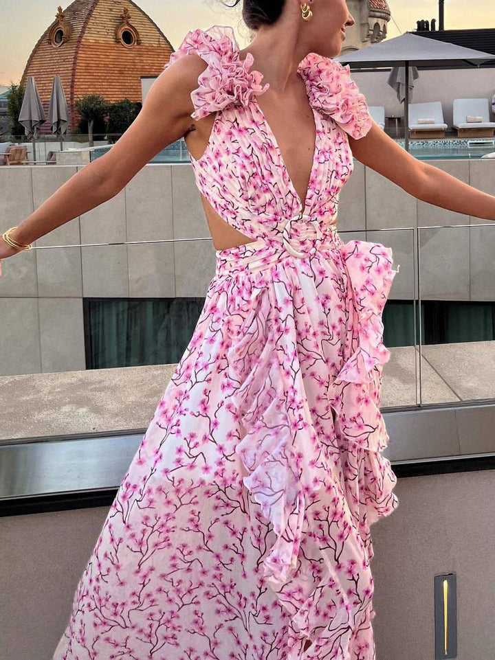 Damen Maxikleid mit tiefem V-Ausschnitt und Rüschenärmeln mit seitlichen Ausschnitten und Blumenmuster
