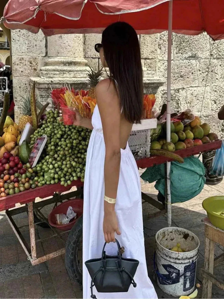 Damen Maxikleid mit tiefem V-Ausschnitt und Spaghettiträgern mit offenem Rücken und weitem Rock