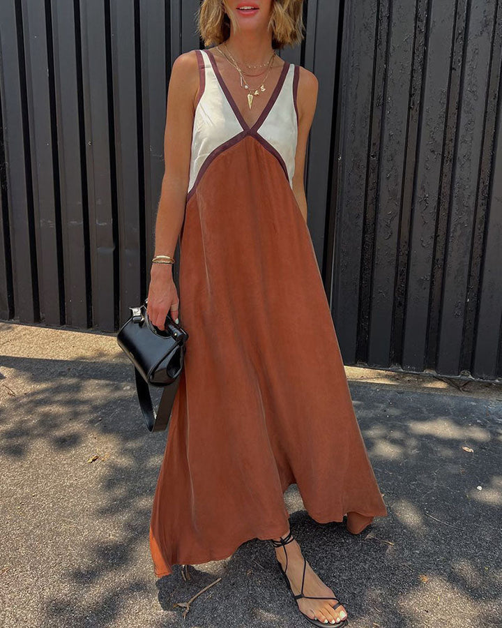 Damen Maxikleid mit tiefem V-Ausschnitt und zweifarbigem Farbblock-Muster