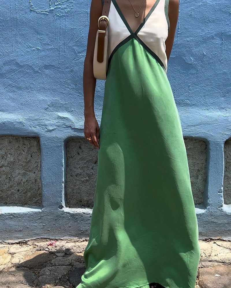 Damen Maxikleid mit tiefem V-Ausschnitt und zweifarbigem Farbblock-Muster
