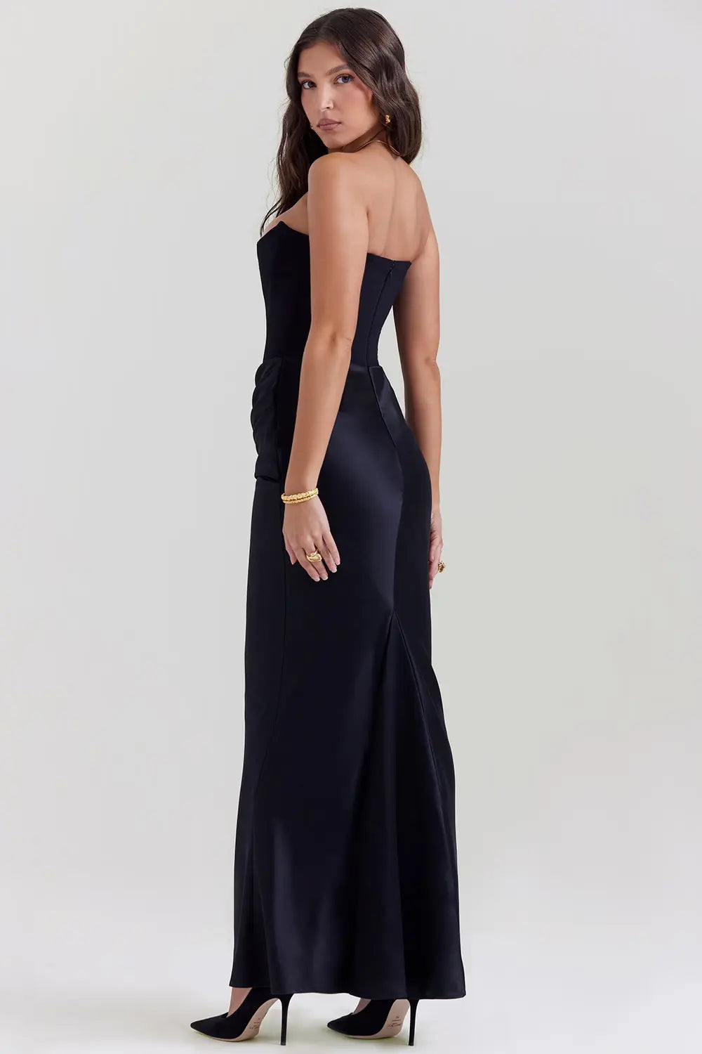 Damen Maxikleid mit trägerlosen Oberteil und gerafftem Taillenbereich