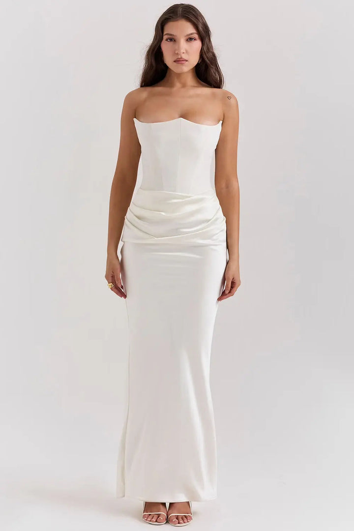 Damen Maxikleid mit trägerlosen Oberteil und gerafftem Taillenbereich