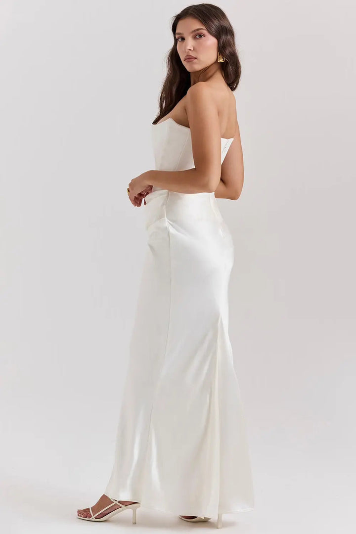 Damen Maxikleid mit trägerlosen Oberteil und gerafftem Taillenbereich