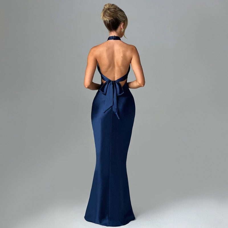Damen Maxikleid mit Ueberkreuztem Halsneck Ausschnitt und Naht unter der Brust