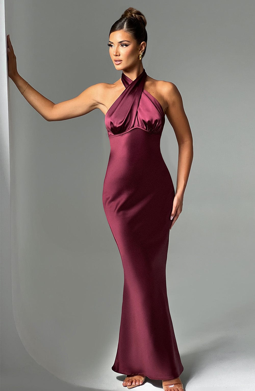 Damen Maxikleid mit Ueberkreuztem Halsneck Ausschnitt und Naht unter der Brust
