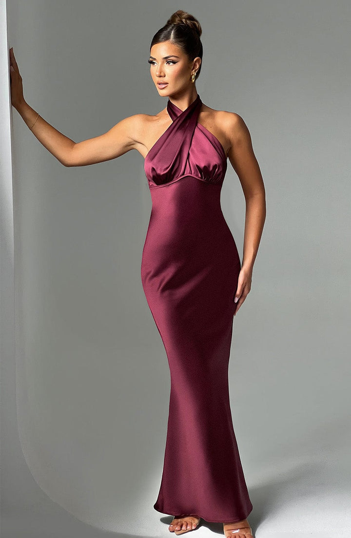 Damen Maxikleid mit Ueberkreuztem Halsneck Ausschnitt und Naht unter der Brust