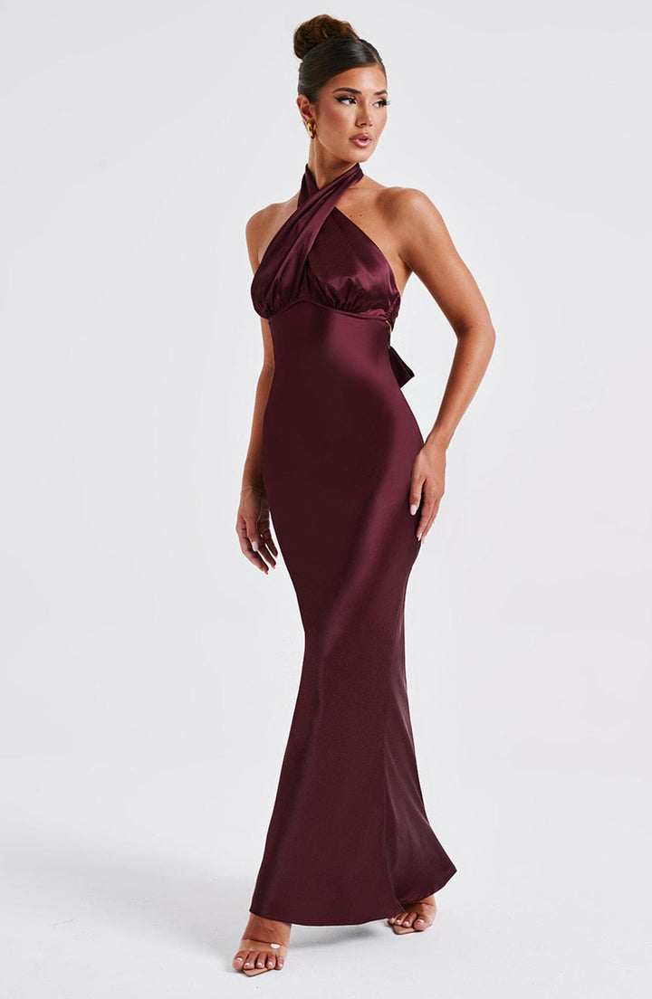 Damen Maxikleid mit Ueberkreuztem Halsneck Ausschnitt und Naht unter der Brust
