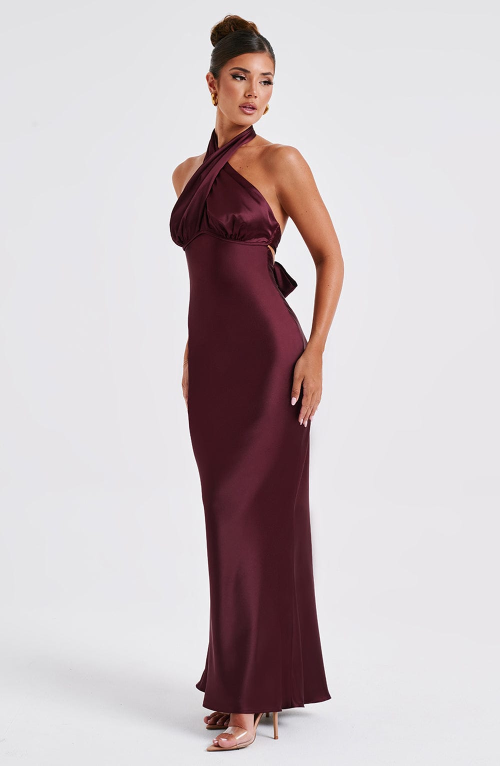 Damen Maxikleid mit Ueberkreuztem Halsneck Ausschnitt und Naht unter der Brust