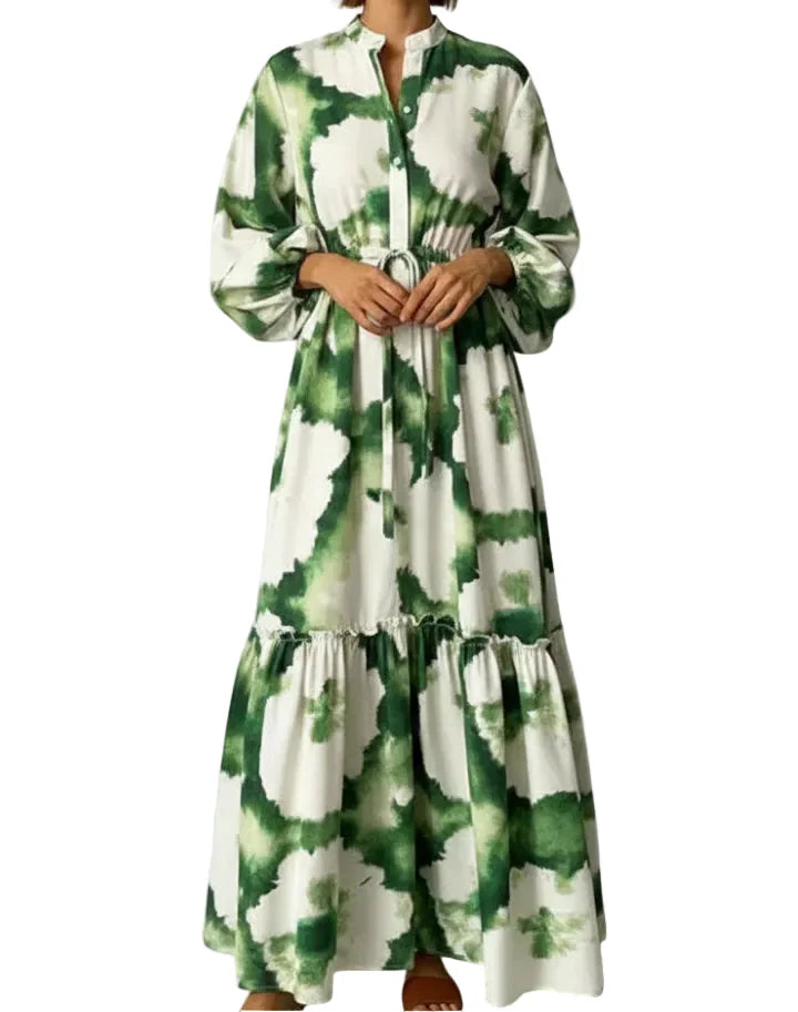 Damen Maxikleid mit V-Ausschnitt, langen Ärmeln und Taillenbindung-Maxi Dress-Alpenkind