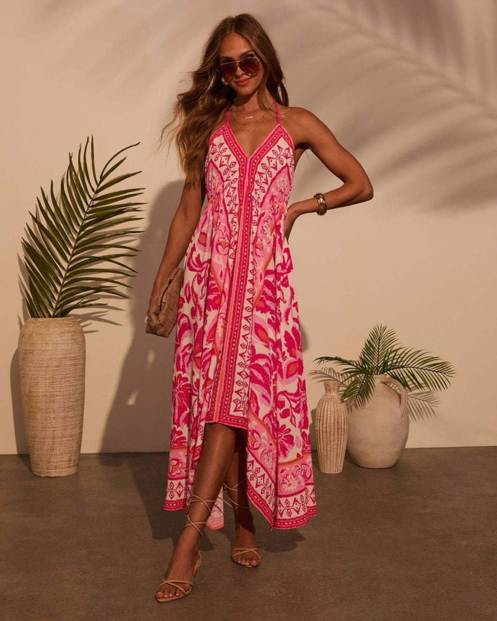 Damen Maxikleid mit V-Ausschnitt und Spaghettiträgern mit offenem Rücken und Zipfelsaum