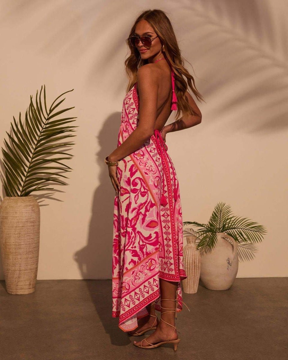 Damen Maxikleid mit V-Ausschnitt und Spaghettiträgern mit offenem Rücken und Zipfelsaum