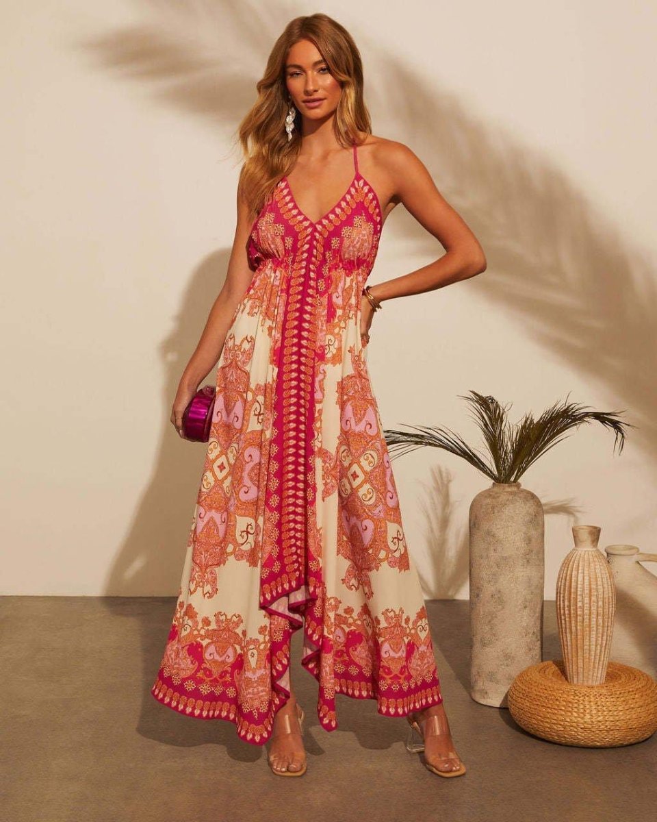 Damen Maxikleid mit V-Ausschnitt und Spaghettiträgern mit offenem Rücken und Zipfelsaum