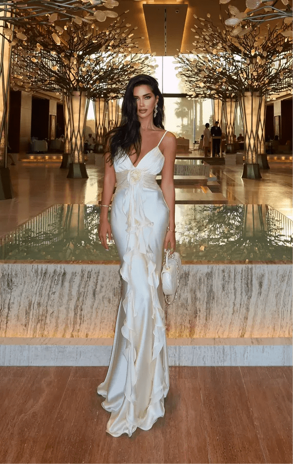 Damen Maxikleid mit V-Ausschnitt und Spaghettiträgern mit Rosette und Rüschenbesatz