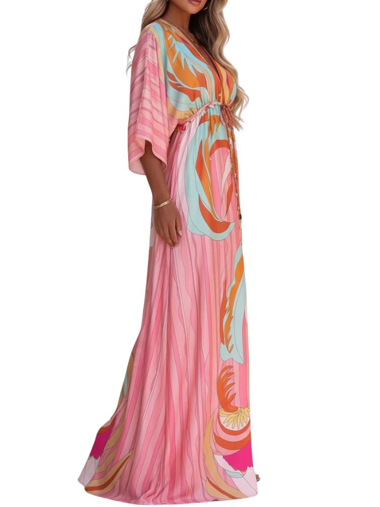 Damen Maxikleid mit V-Ausschnitt und Taillenzug-Maxi Dress-Alpenkind