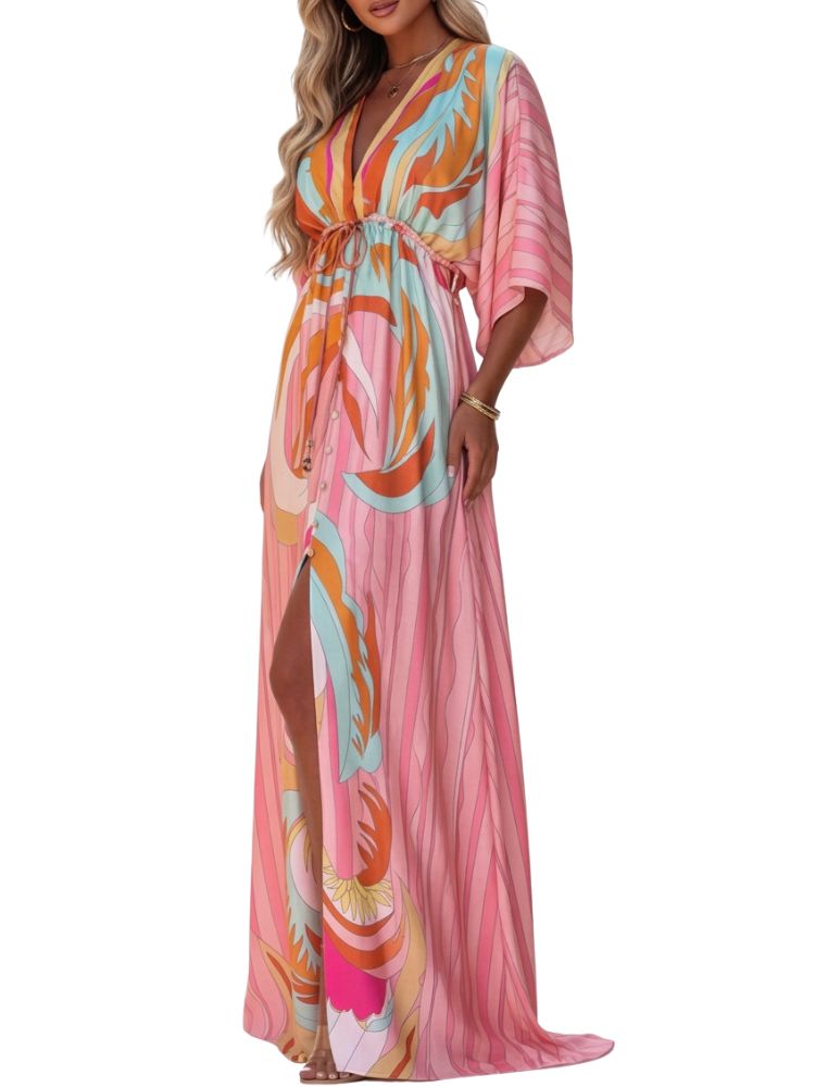 Damen Maxikleid mit V-Ausschnitt und Taillenzug-Maxi Dress-Alpenkind