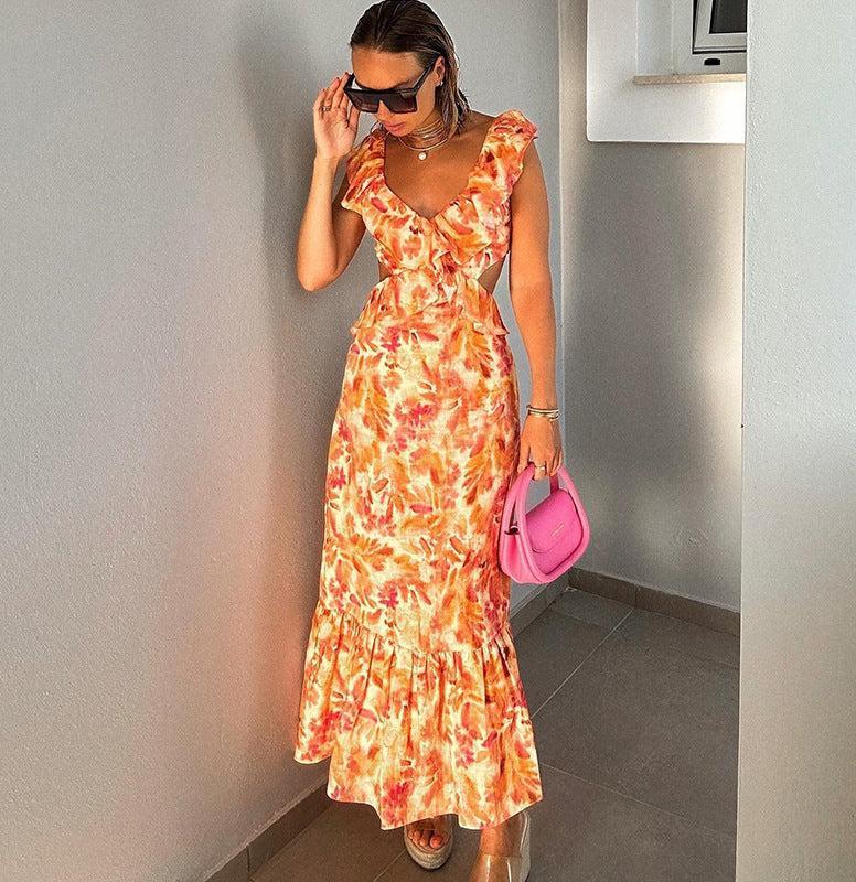 Damen Maxikleid mit V-Ausschnitt und Volantträgern mit seitlichen Ausschnitten und Blumenmuster