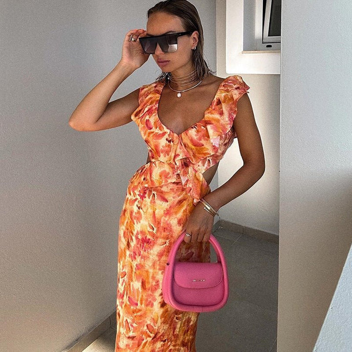 Damen Maxikleid mit V-Ausschnitt und Volantträgern mit seitlichen Ausschnitten und Blumenmuster