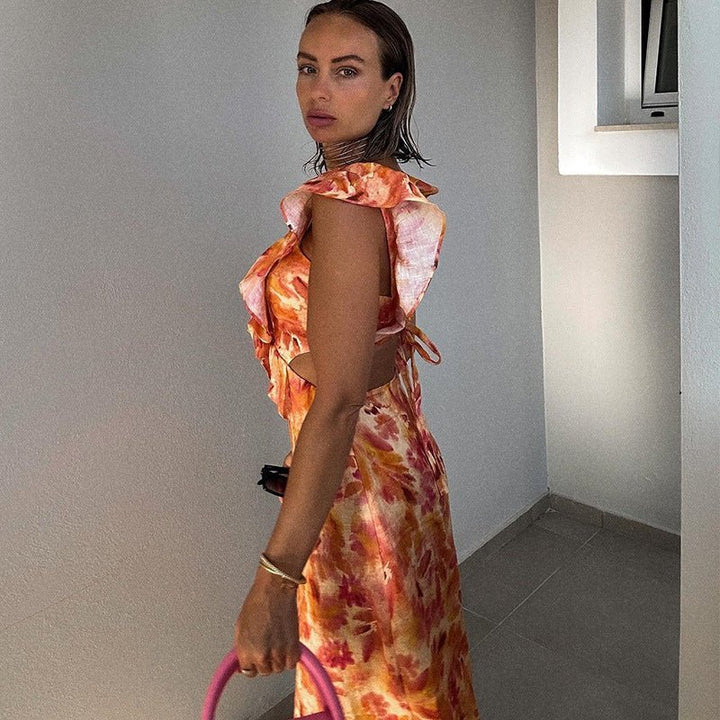 Damen Maxikleid mit V-Ausschnitt und Volantträgern mit seitlichen Ausschnitten und Blumenmuster