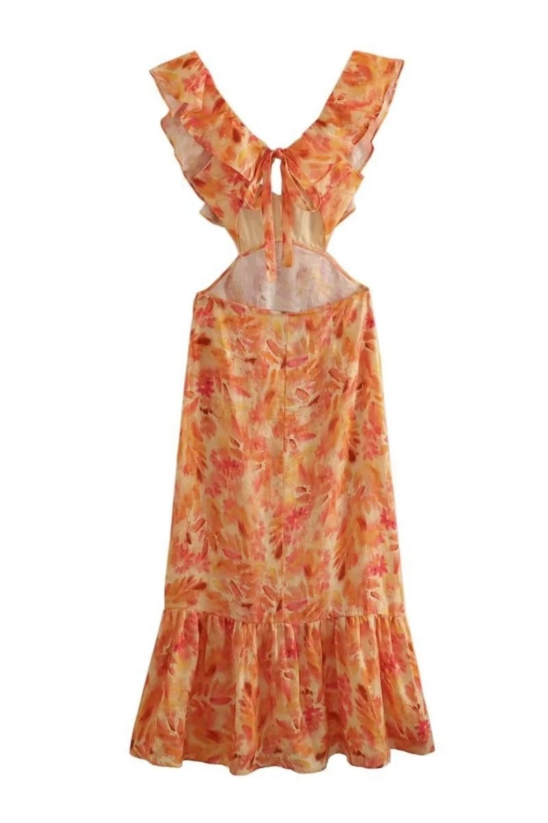 Damen Maxikleid mit V-Ausschnitt und Volantträgern mit seitlichen Ausschnitten und Blumenmuster