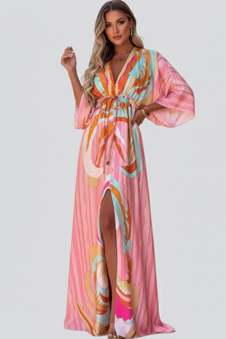 Damen Maxikleid mit V-Ausschnitt, weiten Ärmeln und Taillenband-Maxi Dress-Alpenkind
