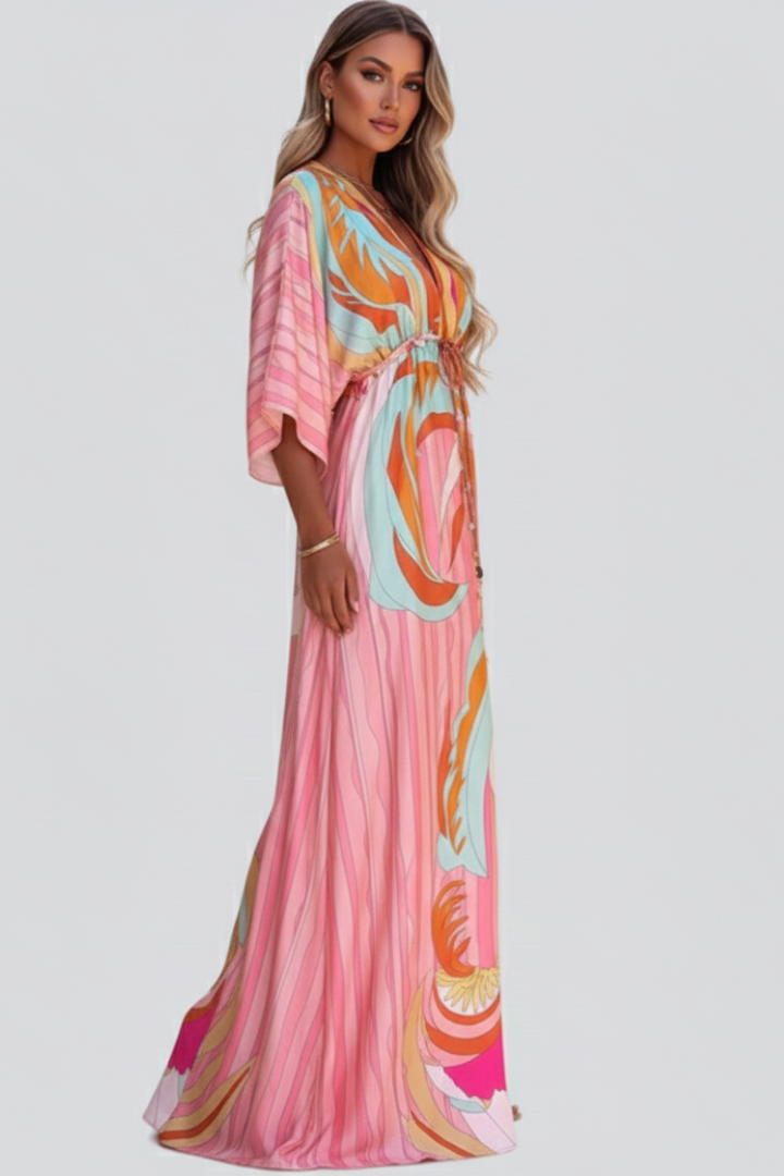 Damen Maxikleid mit V-Ausschnitt, weiten Ärmeln und Taillenband-Maxi Dress-Alpenkind