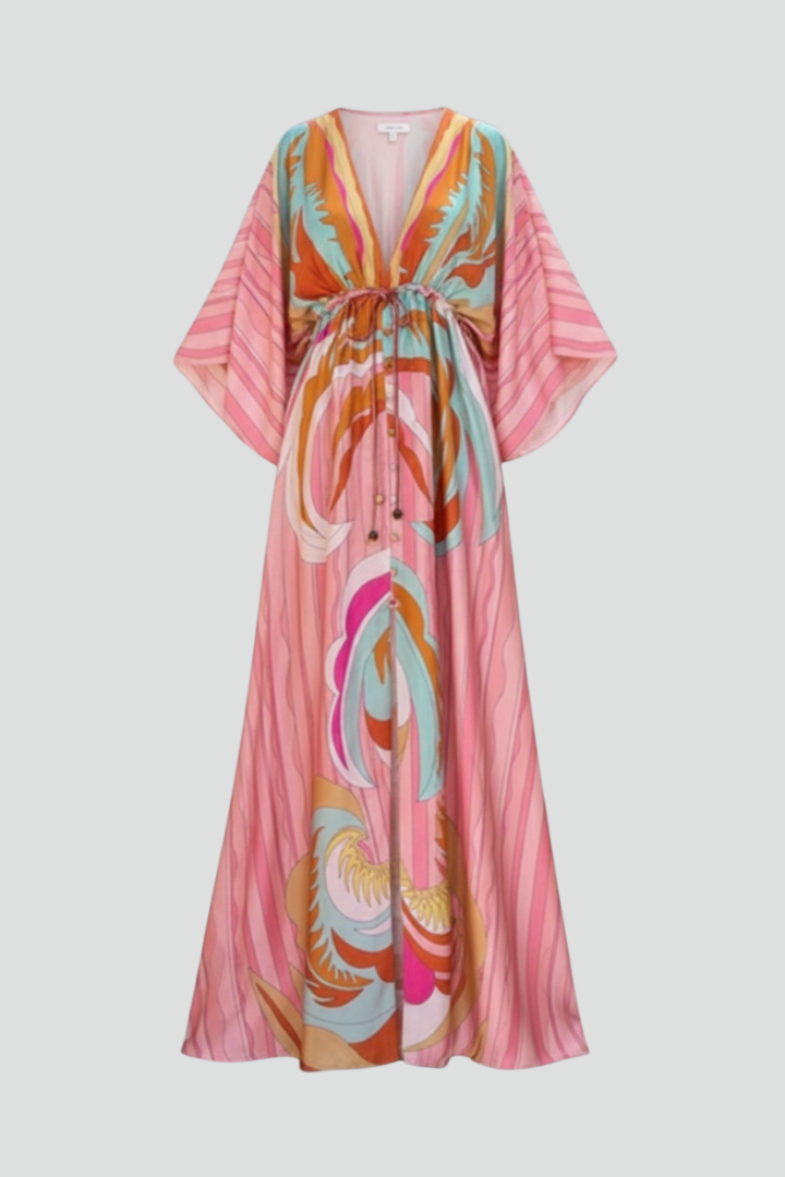 Damen Maxikleid mit V-Ausschnitt, weiten Ärmeln und Taillenband-Maxi Dress-Alpenkind