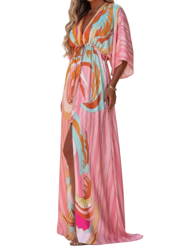 Damen Maxikleid mit V-Ausschnitt, weiten Ärmeln und Taillenband-Maxi Dress-Alpenkind