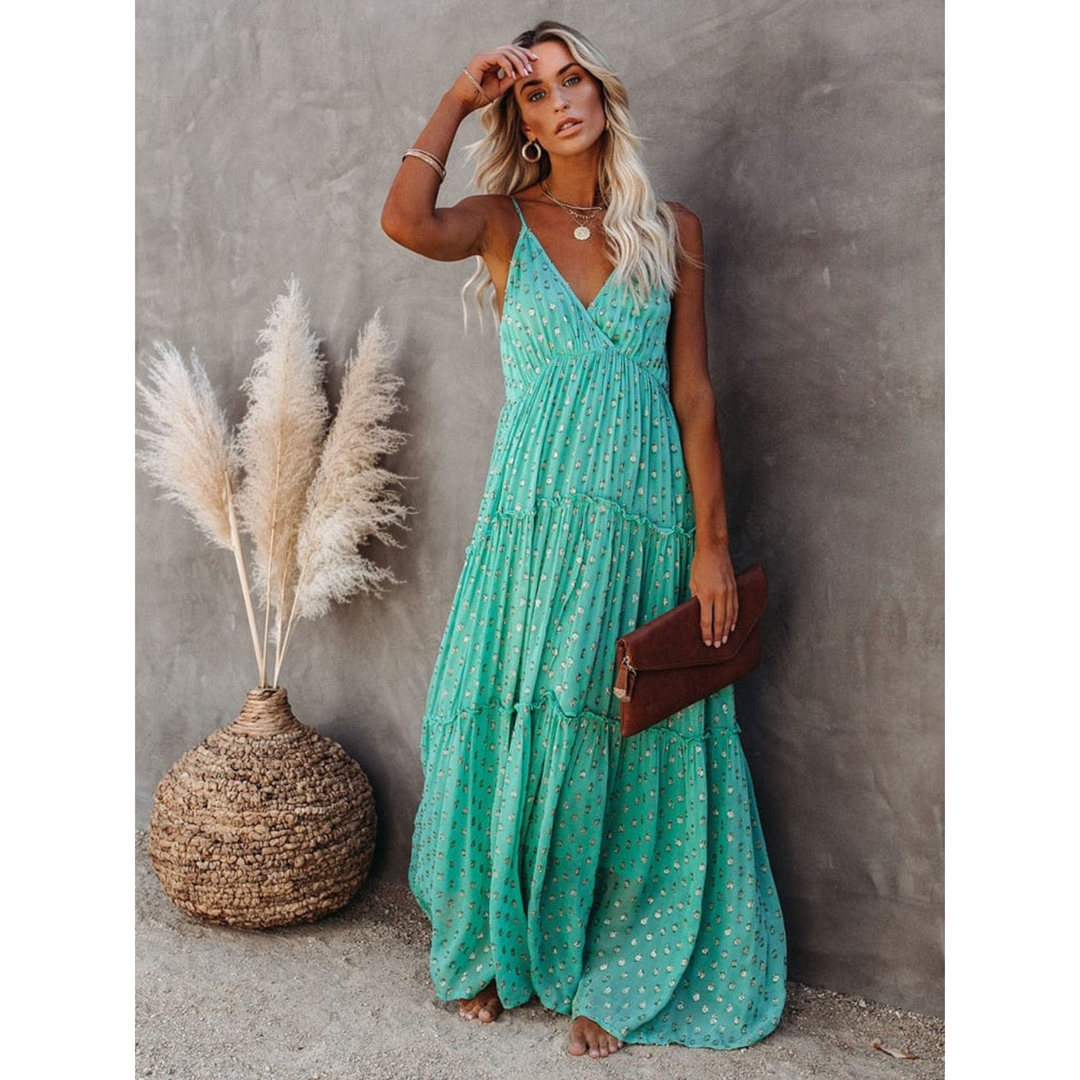 Damen Maxikleid mit V-Hals Spaghettiträgern und Gestuftem Rock